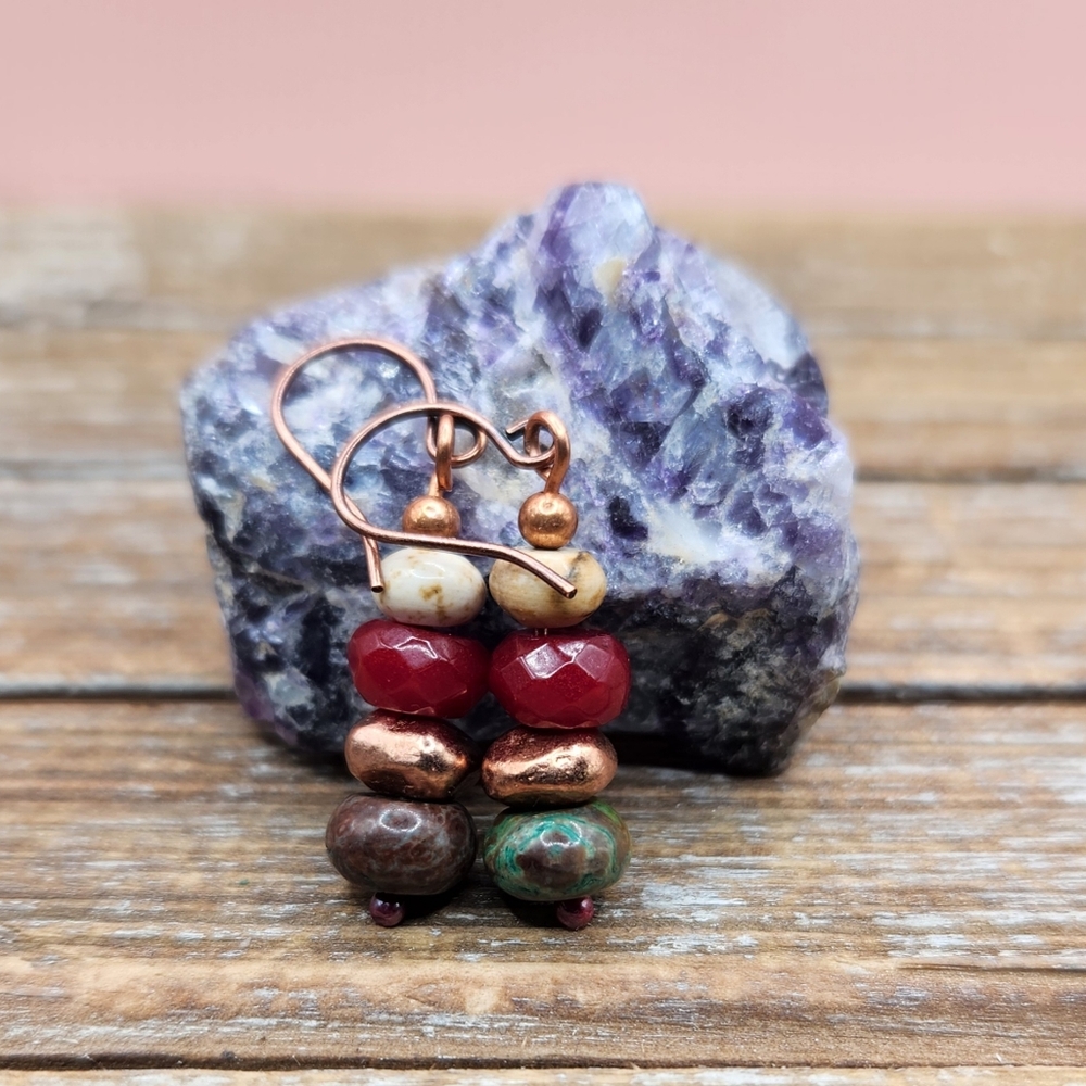Chrysocolla, Ruby Red Jade, Picture Jasper and Copper Stacked Earrings